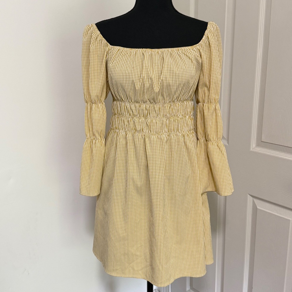 Lulus Gingham Mini Dress Women Small Yellow White Bell Sleeve Cottagecore Picnic